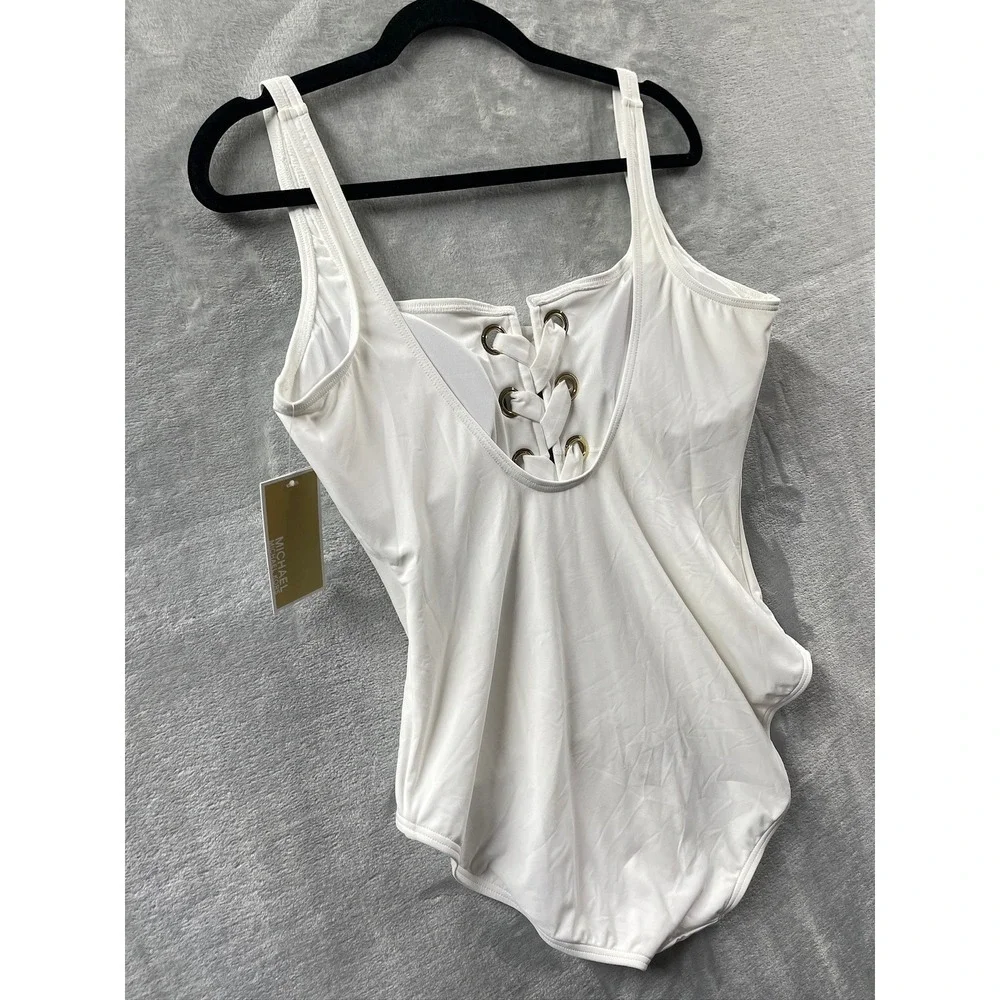Michael Kors One Piece Swimsuit Womens White New Lace Up Front Grommet Size 14